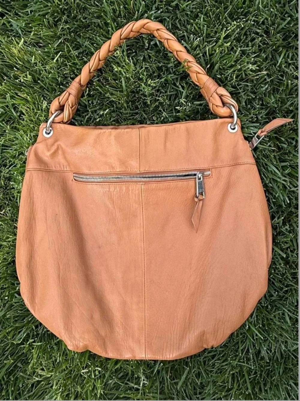 Fenn Wright Manson Braided Handle Tan Genuine Leather Hobo Bag w Silver Hardware - Picture 3 of 7